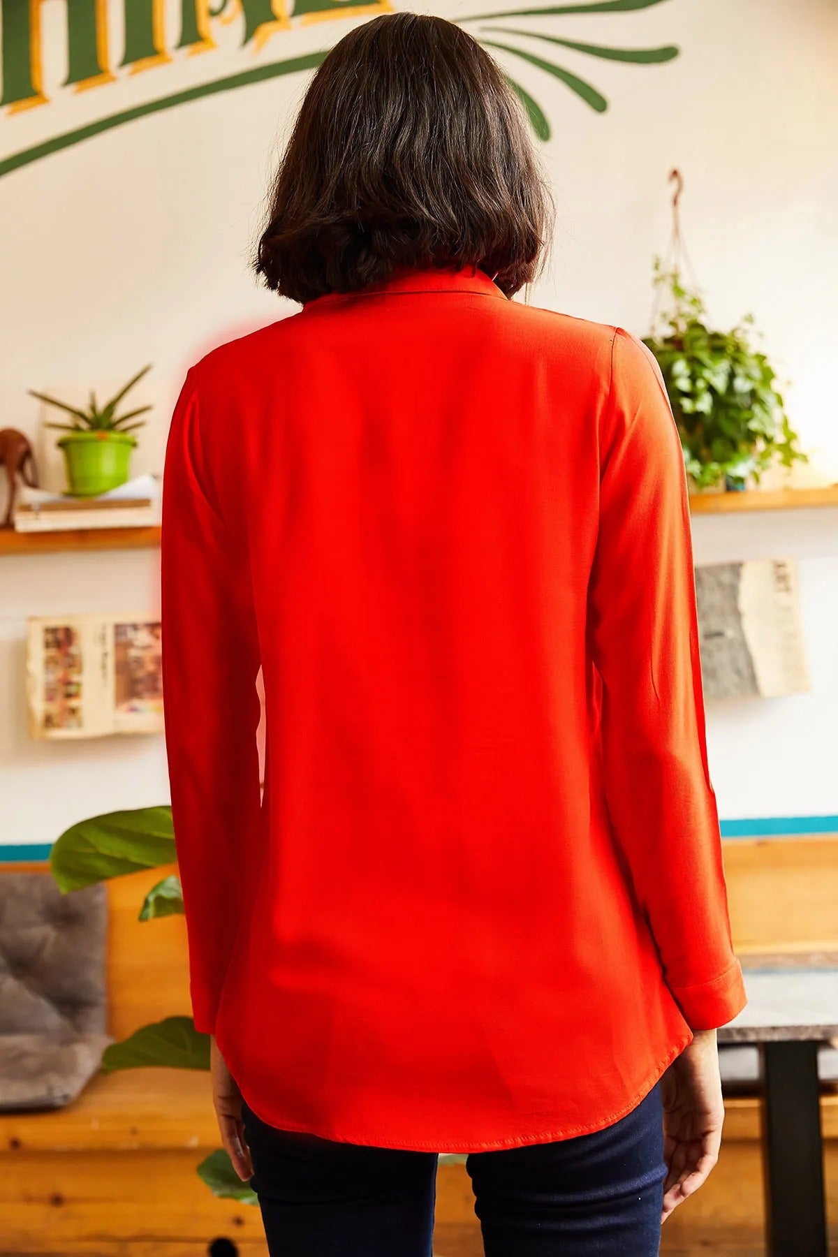 Red Blue Button-Down Blouse