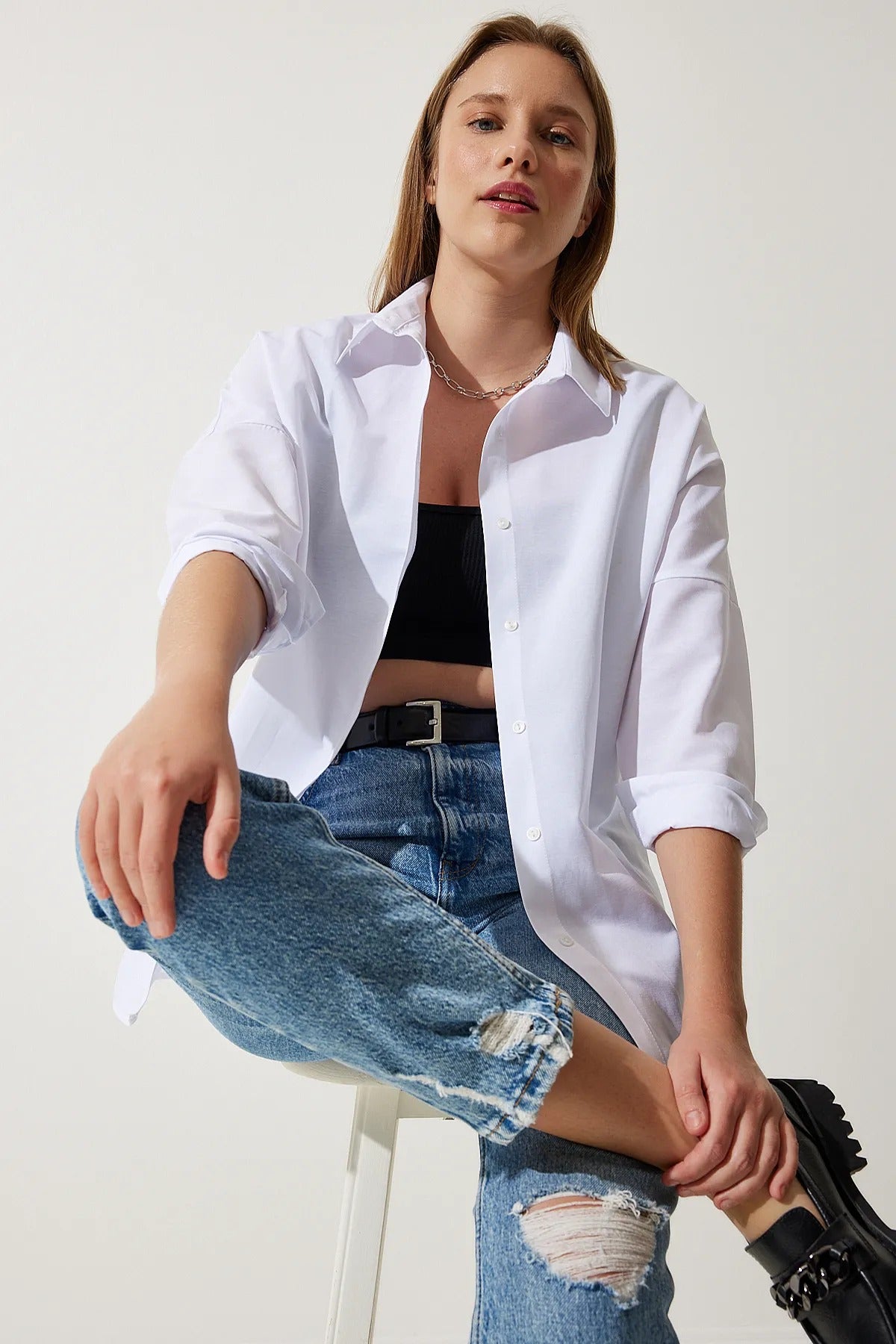 White Loose Fit Button Down Shirt