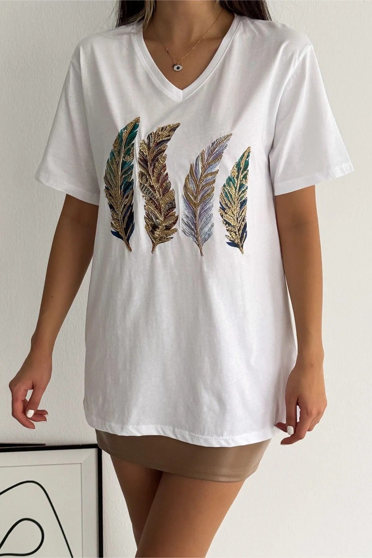 Katoenen T-shirt met veren en pailletten - Wit