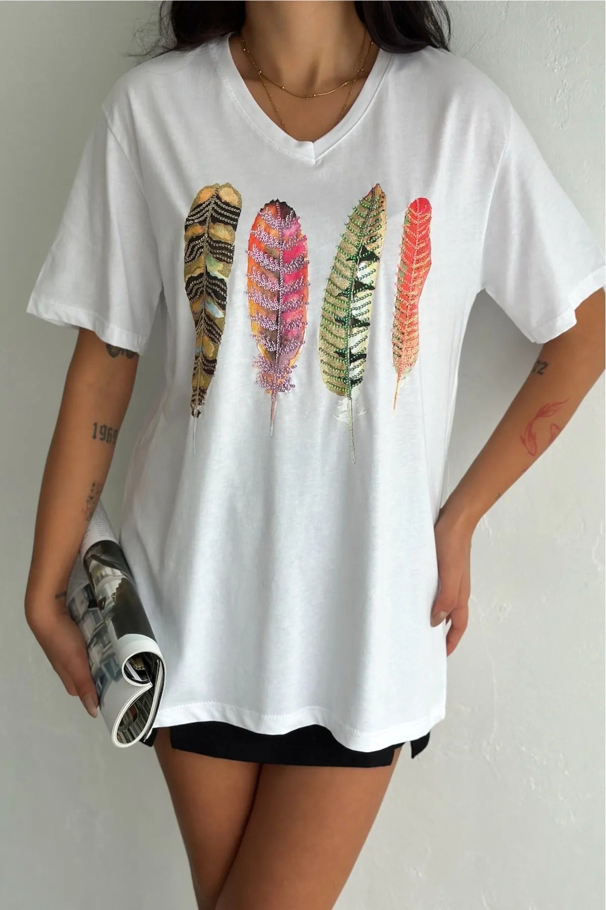 T-shirt met korte mouwen en pailletten van katoen - wit