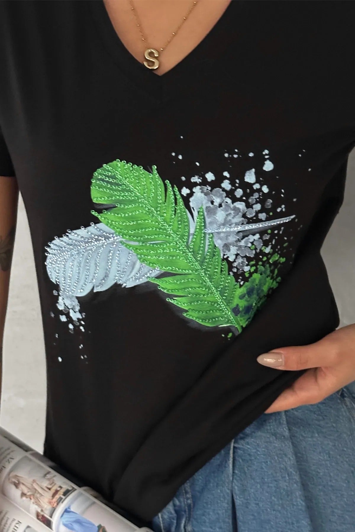 Leaf Sequin Cotton Short Sleeve T-Shirt - Black