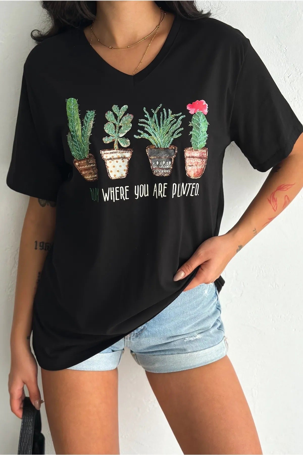 Cactus Floral Sequin Katoenen T-shirt - Zwart