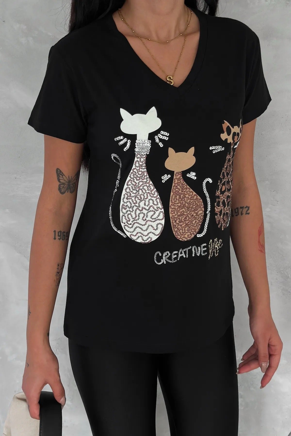T-shirt met korte mouwen en pailletten van katoen - zwart