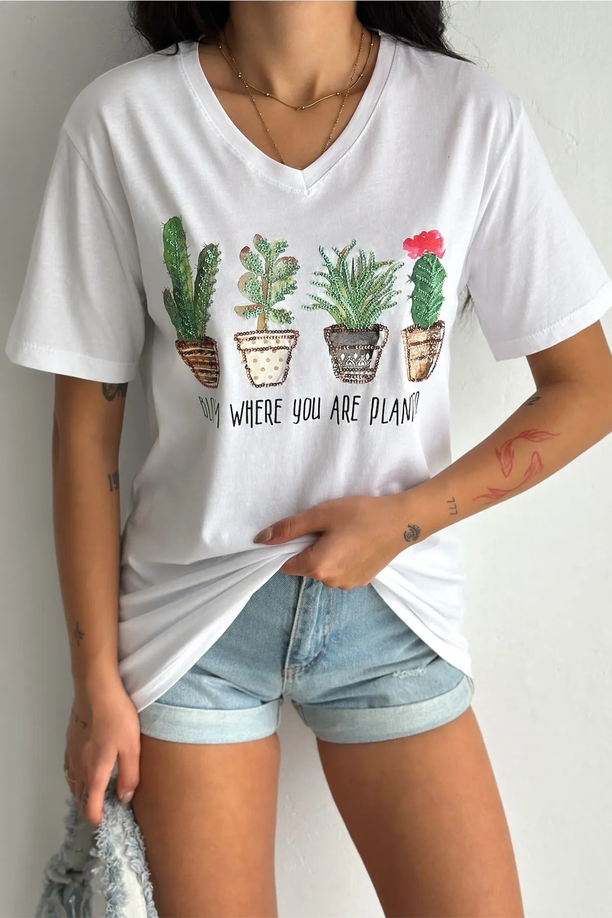 Cactus Floral Sequin Katoenen T-shirt - Wit