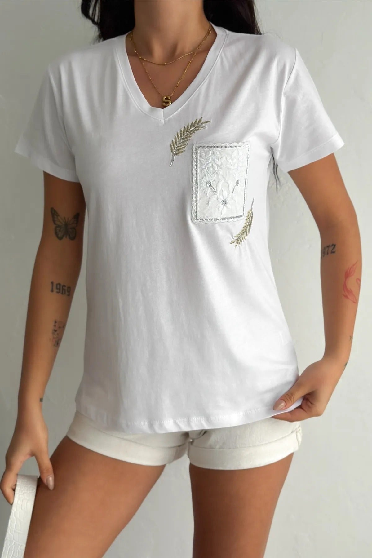 Cactus Floral Sequin Katoenen T-shirt - Wit