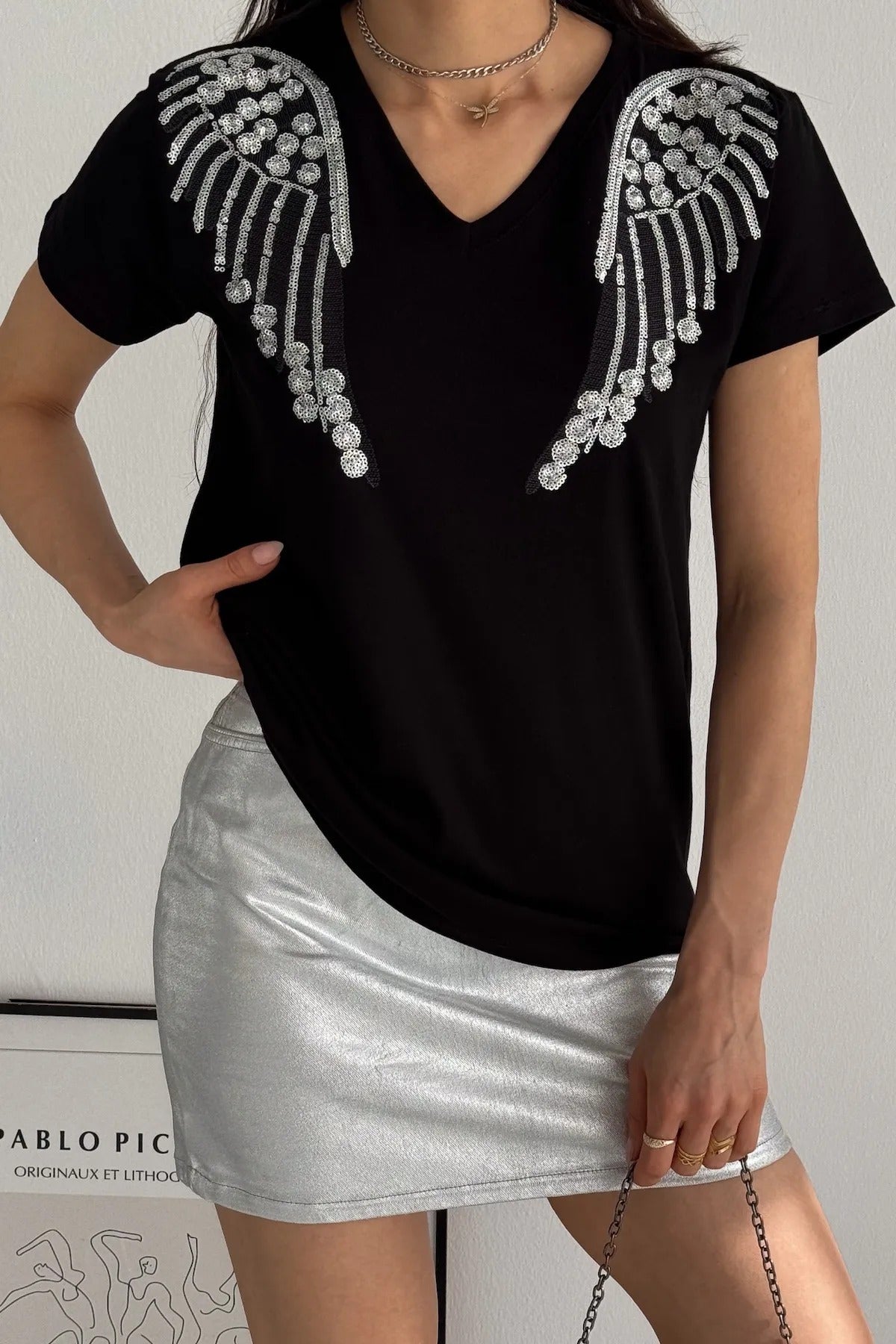 Angel Sequin katoenen T-shirt met korte mouwen - zwart