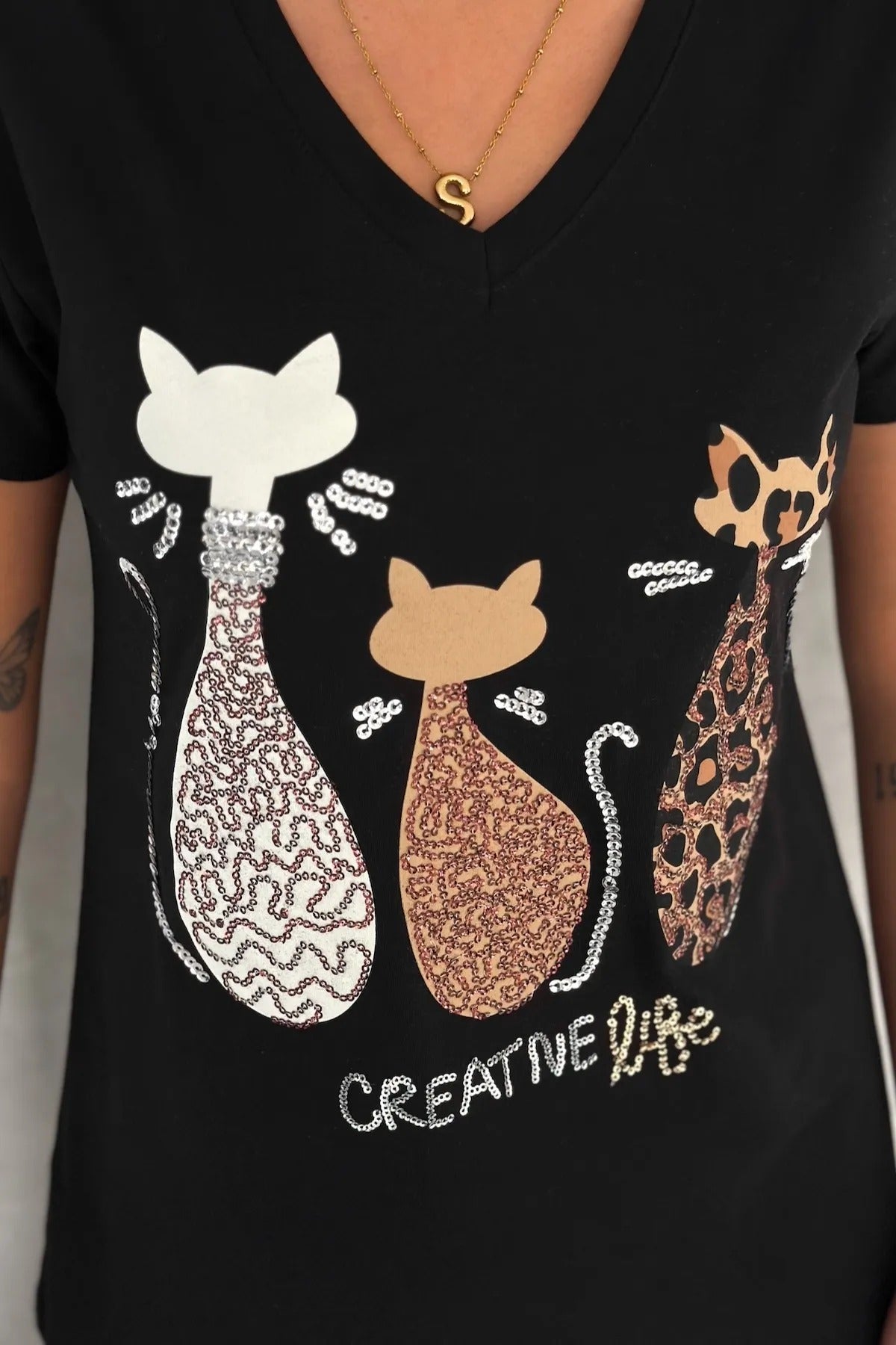 T-shirt met korte mouwen en pailletten van katoen - zwart
