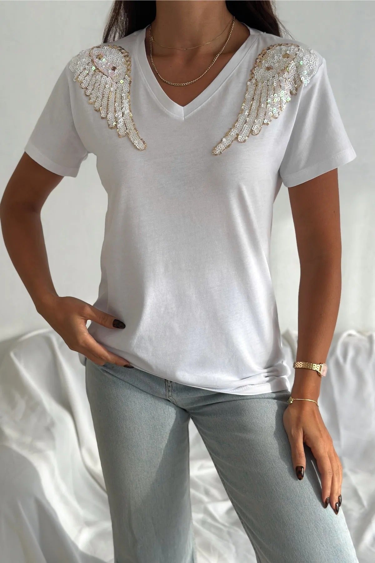 Angel Sequin katoenen T-shirt met korte mouwen - wit