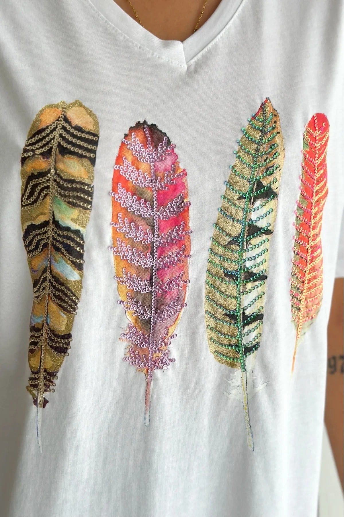T-shirt met korte mouwen en pailletten van katoen - wit