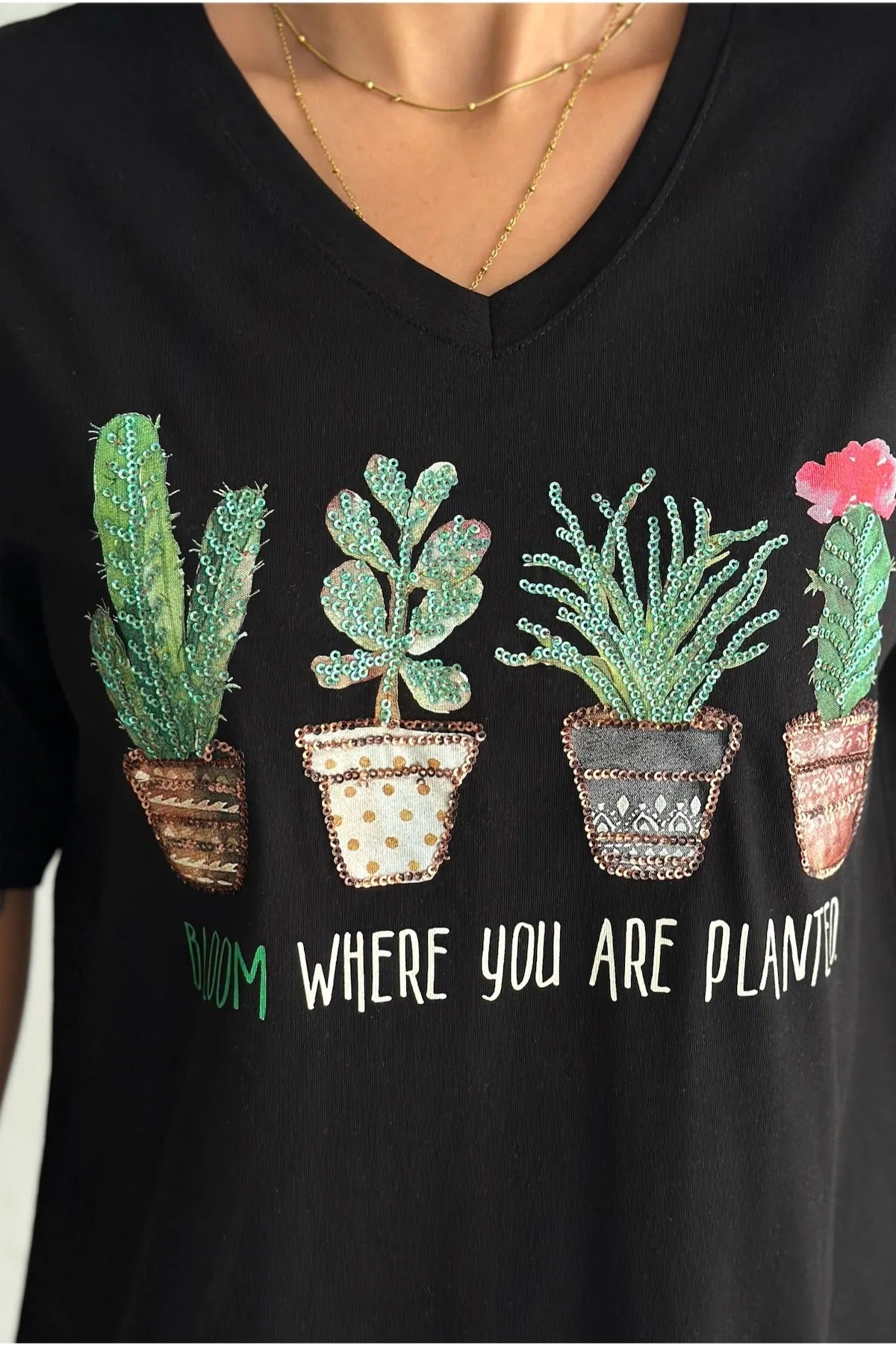 Cactus Floral Sequin Katoenen T-shirt - Zwart
