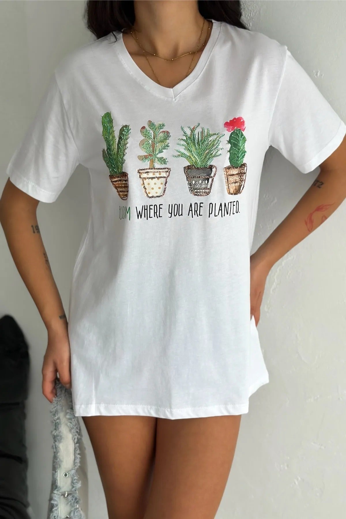 Cactus Floral Sequin Katoenen T-shirt - Wit