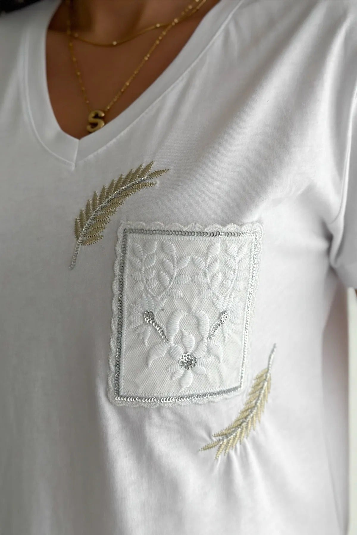 Cactus Floral Sequin Katoenen T-shirt - Wit