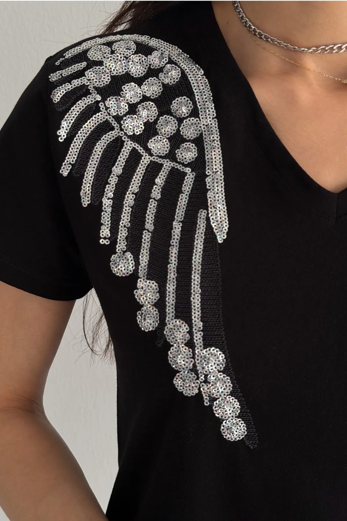 Angel Sequin katoenen T-shirt met korte mouwen - zwart