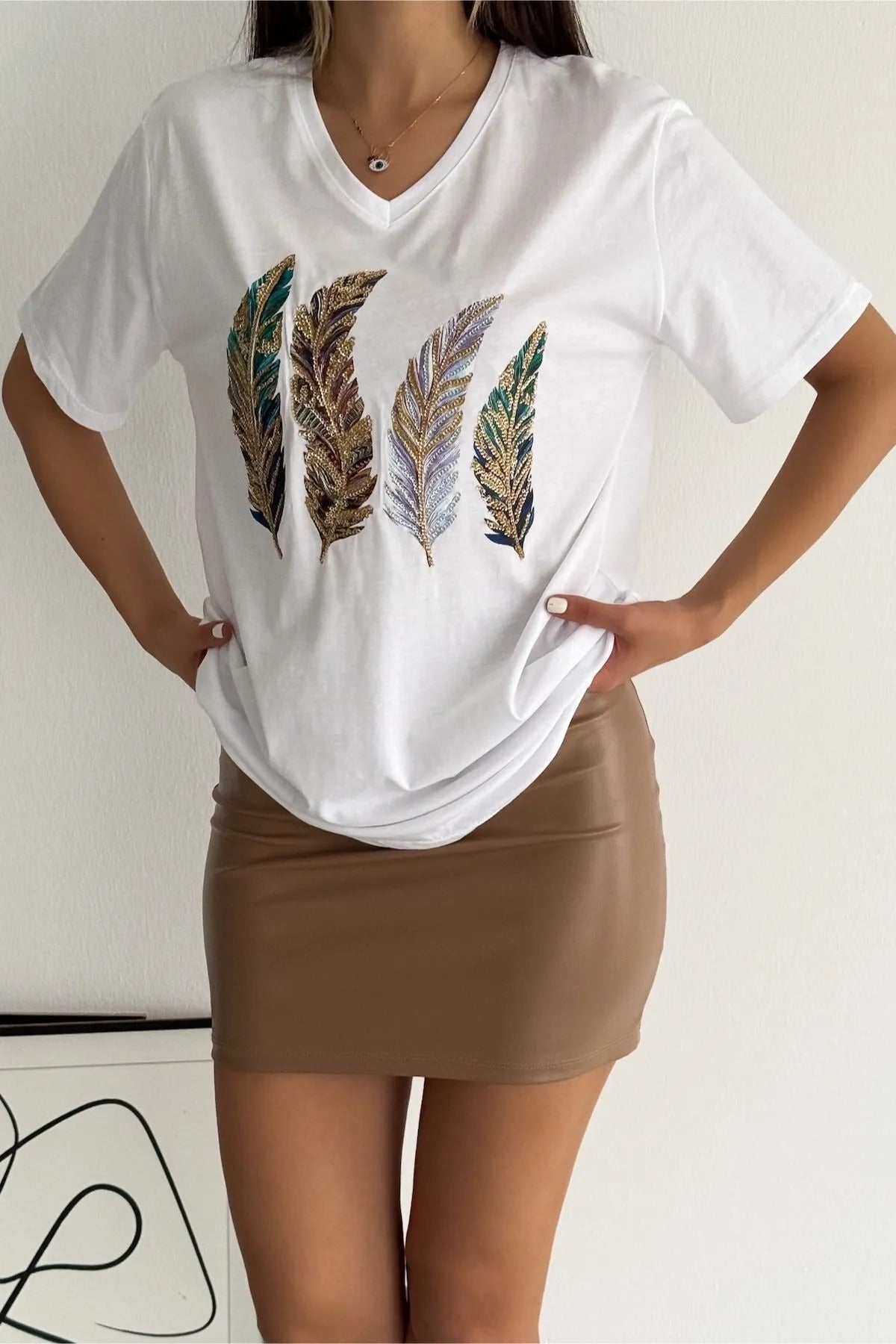 Katoenen T-shirt met veren en pailletten - Wit