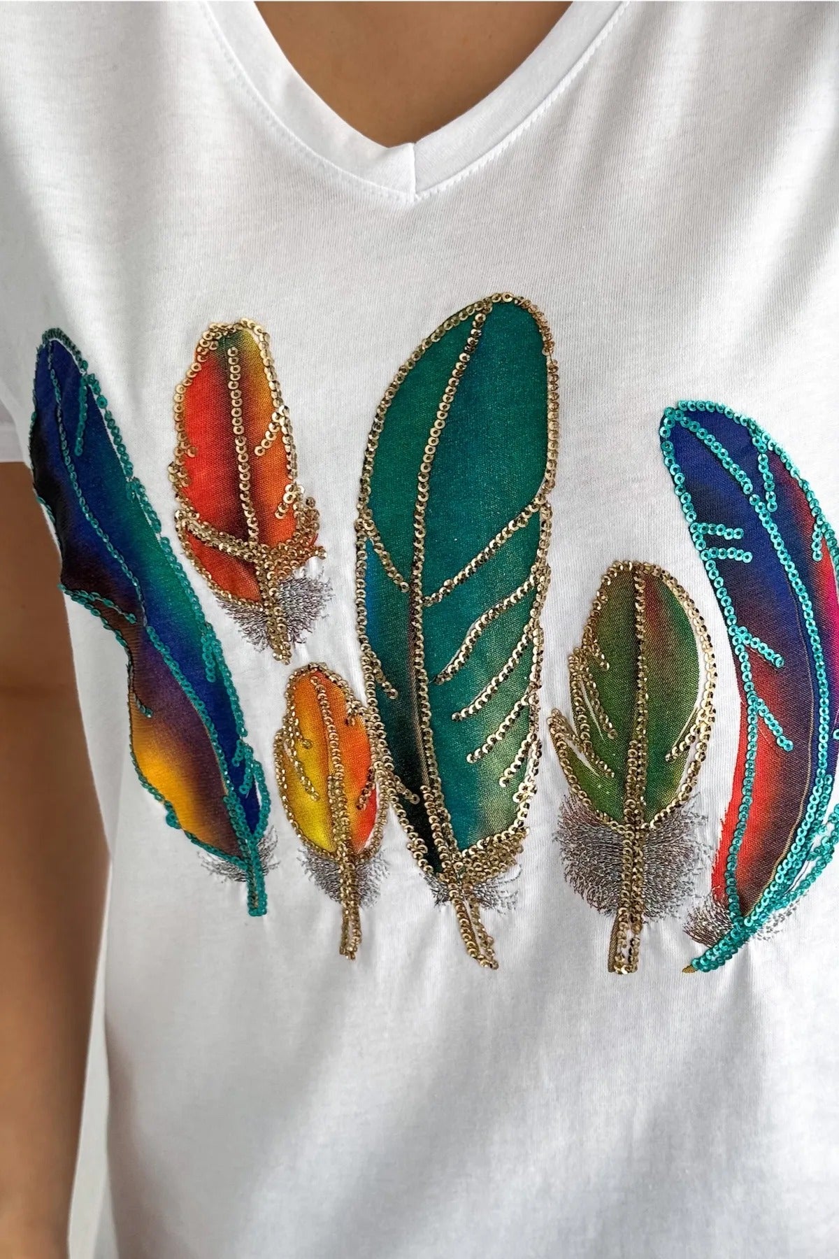 Cactus Floral Sequin Katoenen T-shirt - Wit