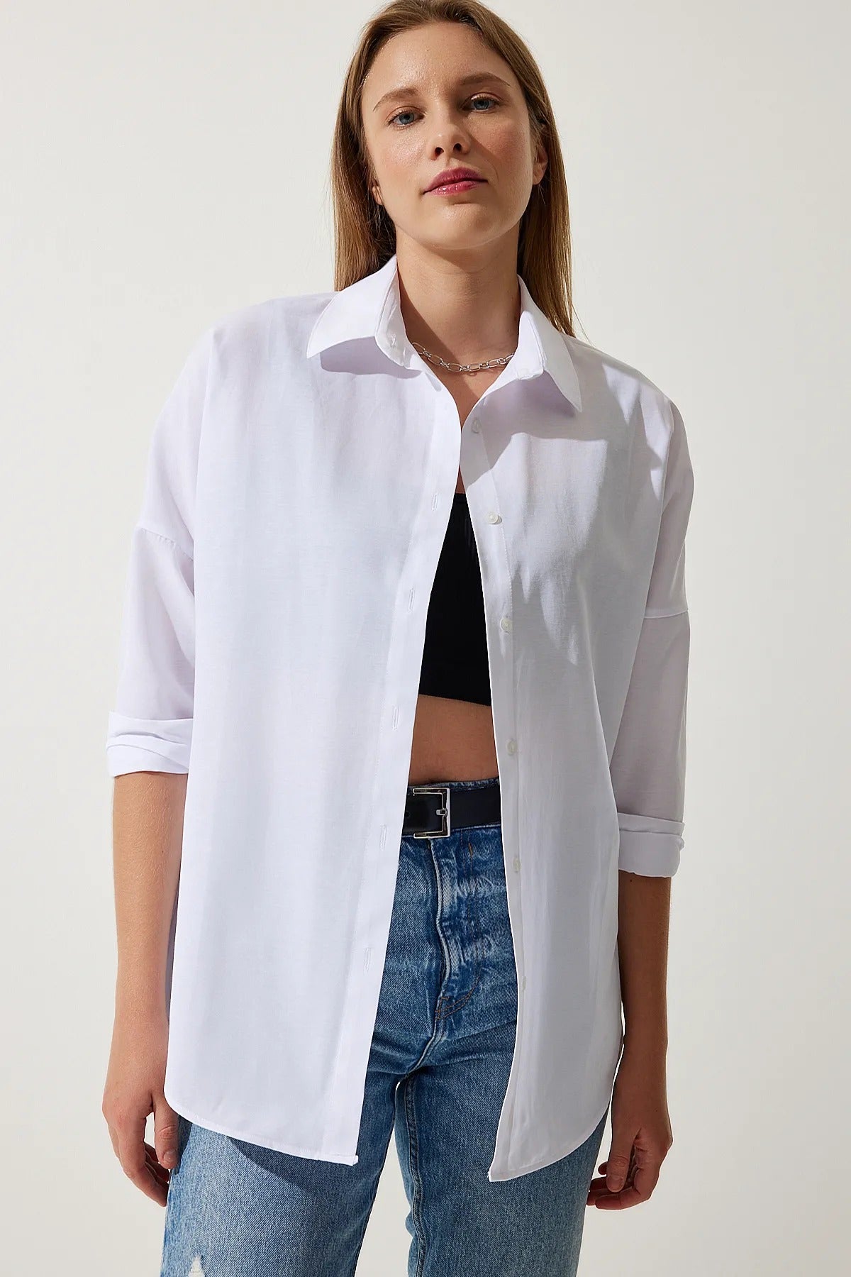 White Loose Fit Button Down Shirt