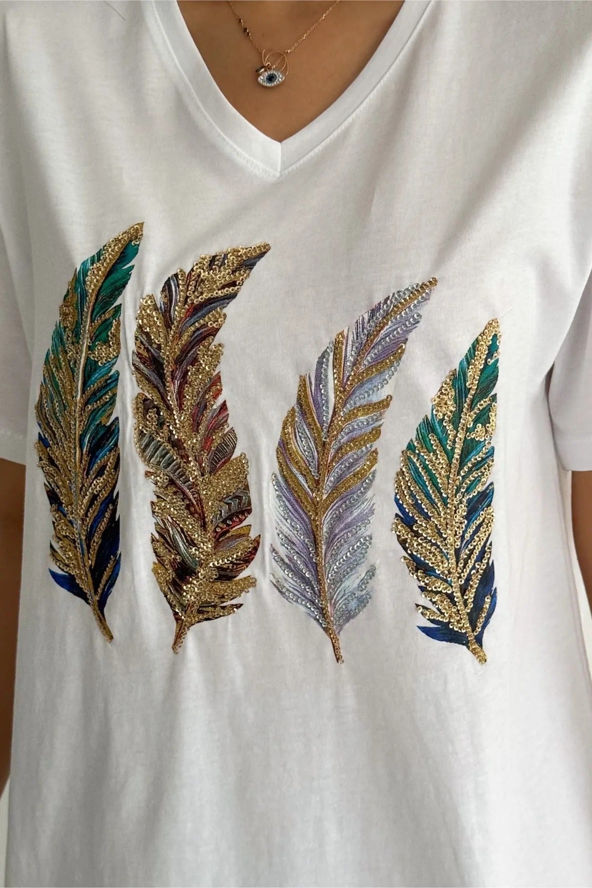 Katoenen T-shirt met veren en pailletten - Wit