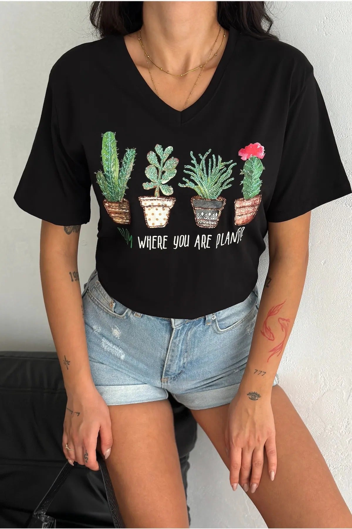 Cactus Floral Sequin Katoenen T-shirt - Zwart