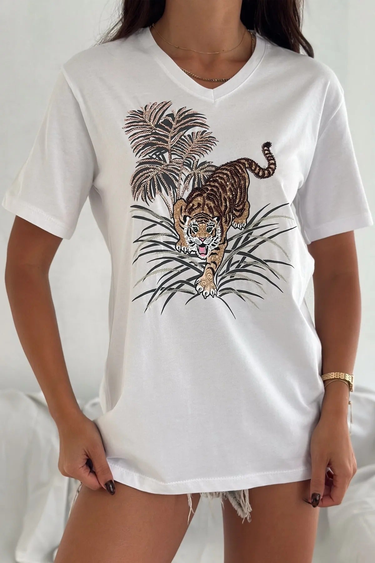Leopard Sequin Cotton Short Sleeve T-Shirt - White