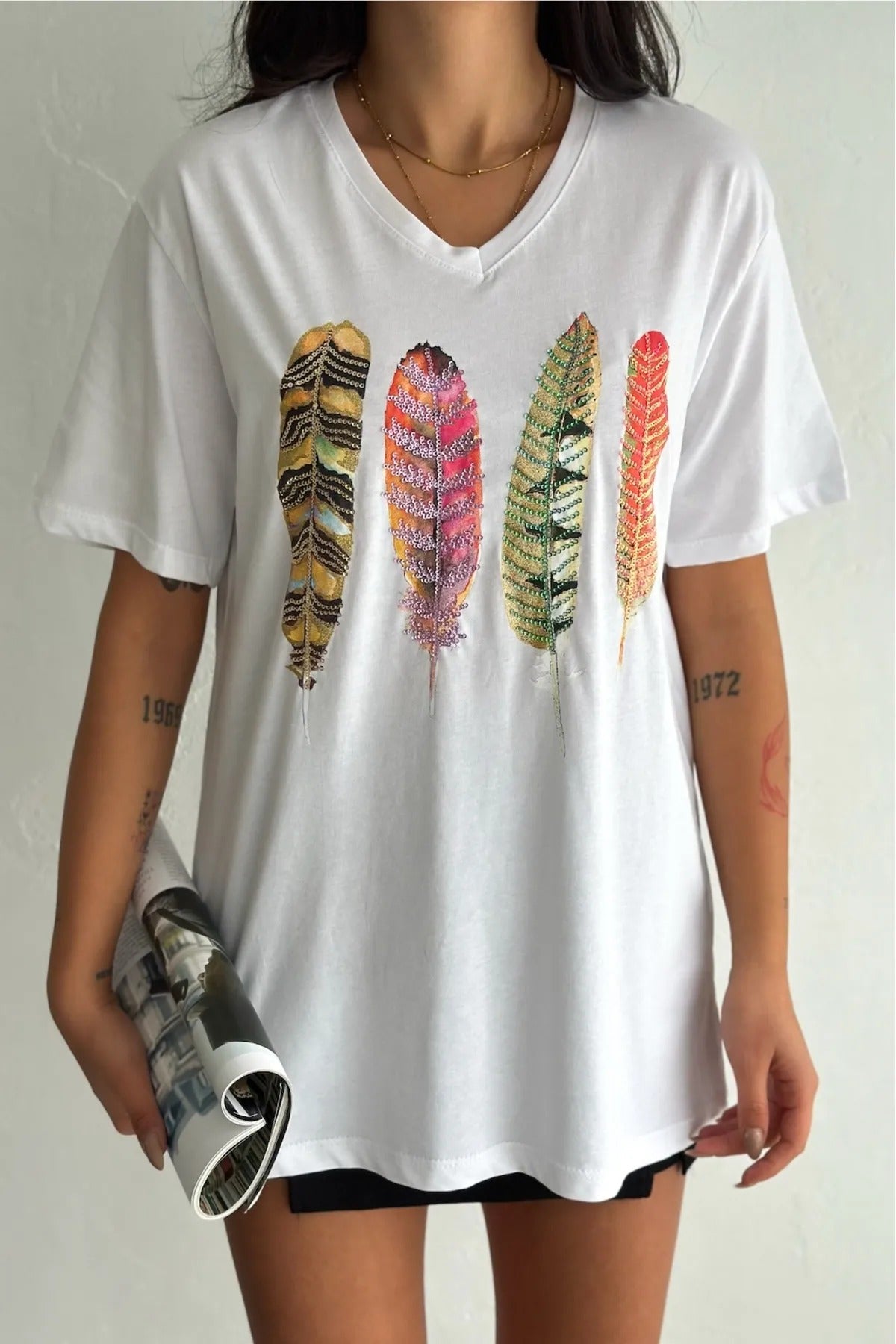 T-shirt met korte mouwen en pailletten van katoen - wit
