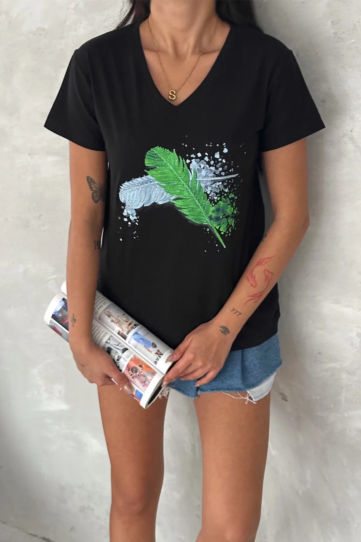 Leaf Sequin Cotton Short Sleeve T-Shirt - Black