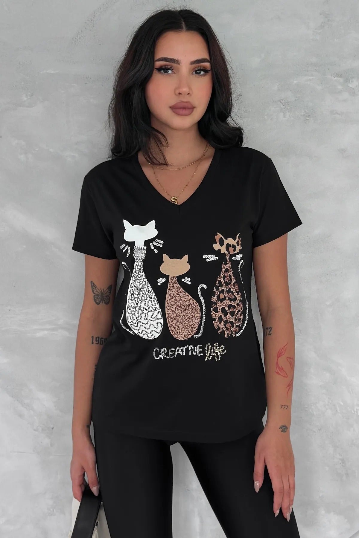 T-shirt met korte mouwen en pailletten van katoen - zwart