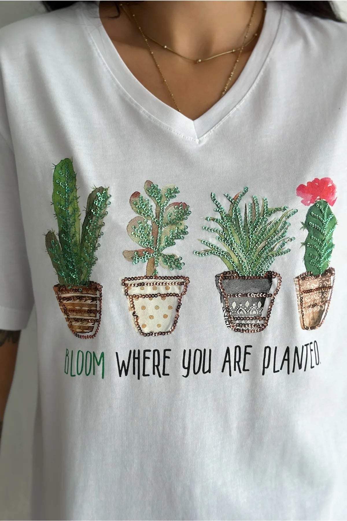 Cactus Floral Sequin Katoenen T-shirt - Wit