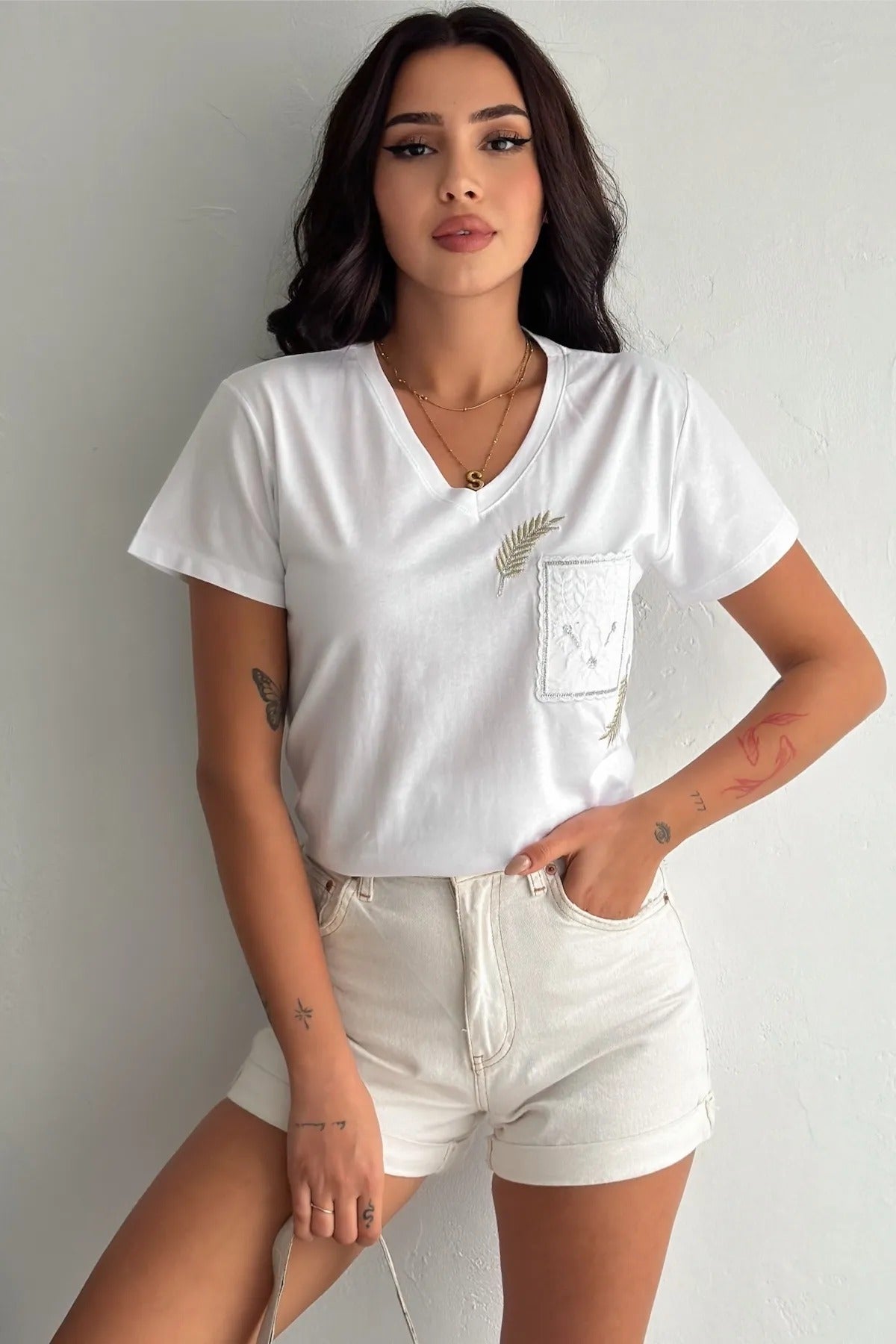 Cactus Floral Sequin Katoenen T-shirt - Wit