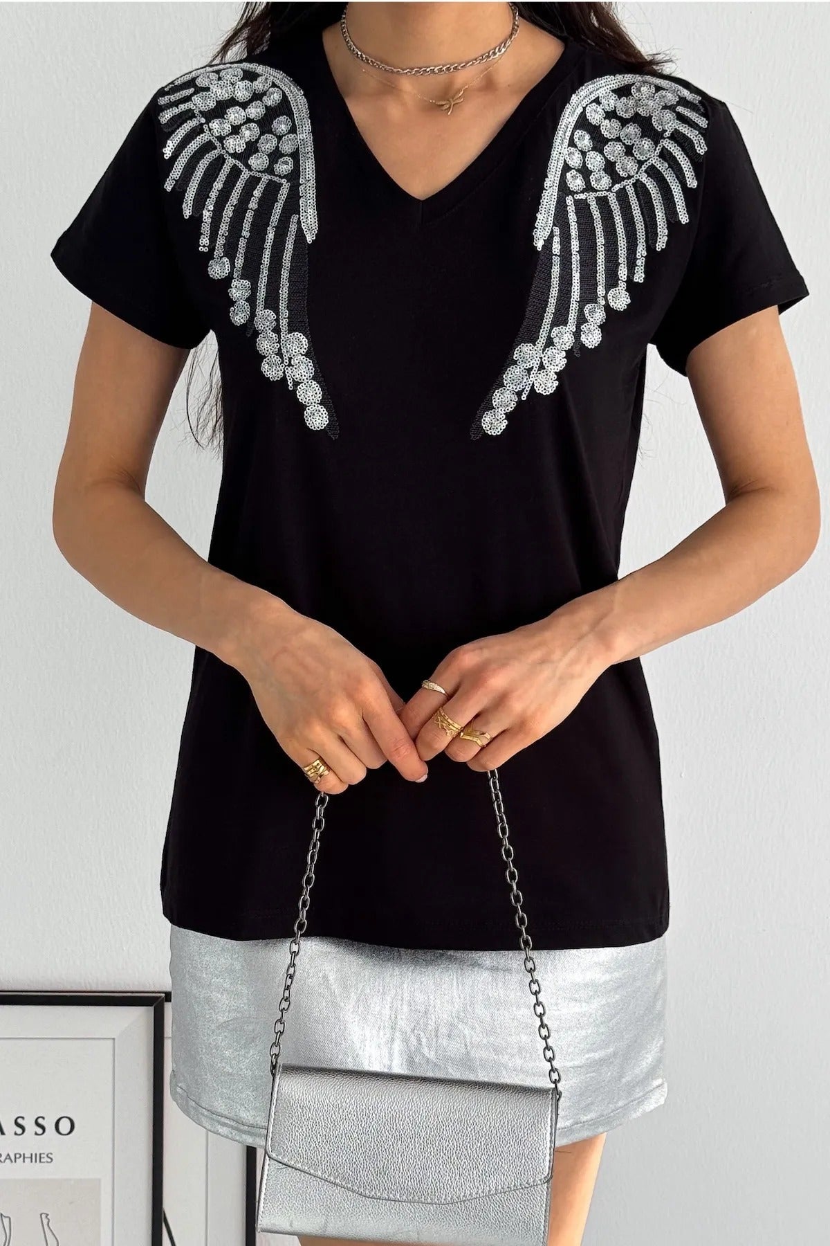 Angel Sequin katoenen T-shirt met korte mouwen - zwart