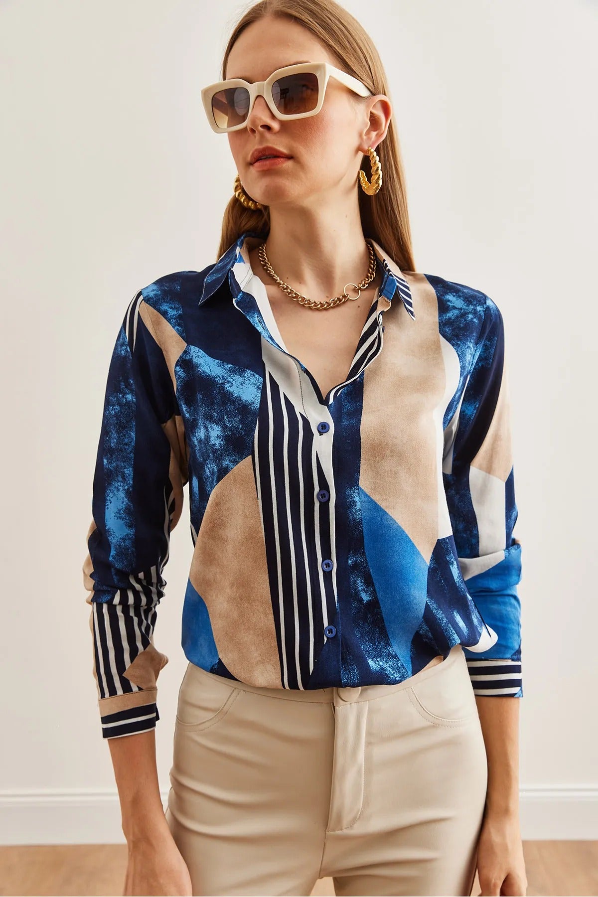 Dark Blue Geometric Designer Button-Down Shirt