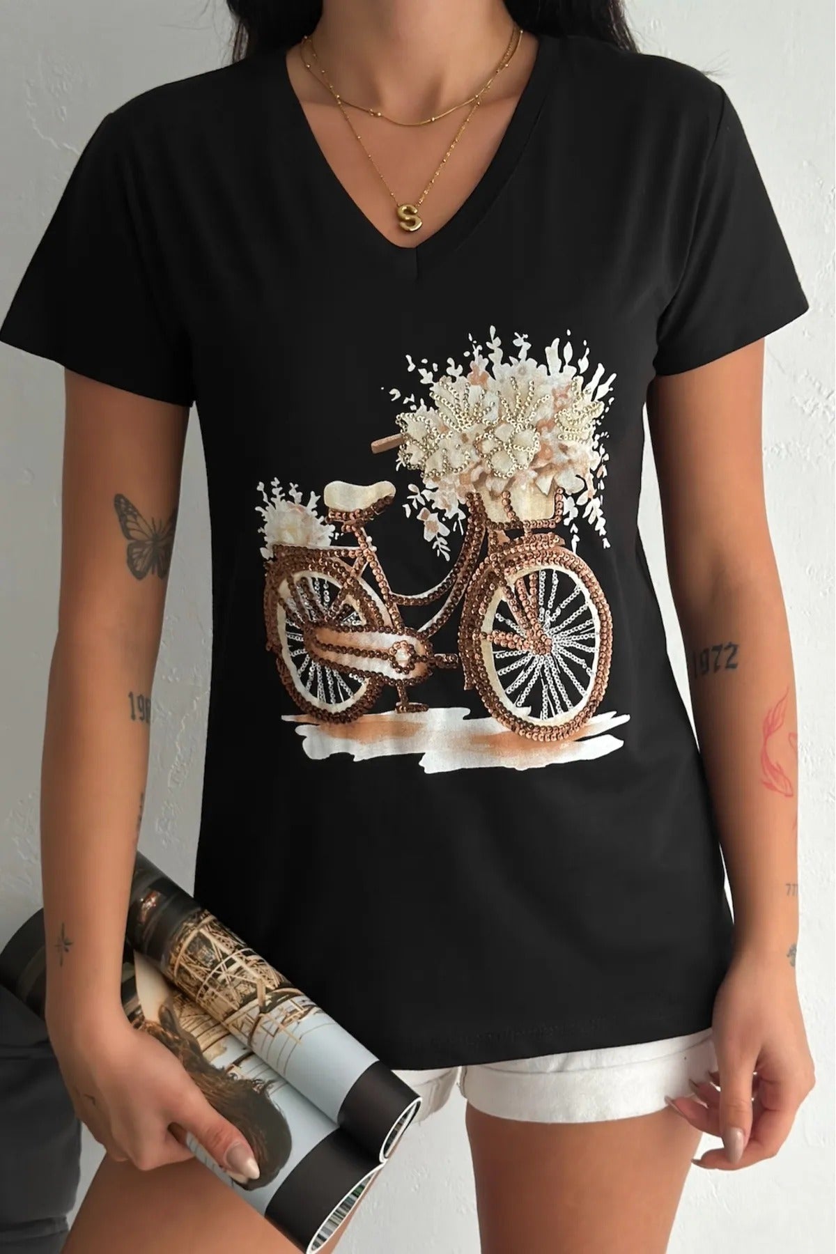Camiseta de manga corta de algodón con lentejuelas de gato - Negra