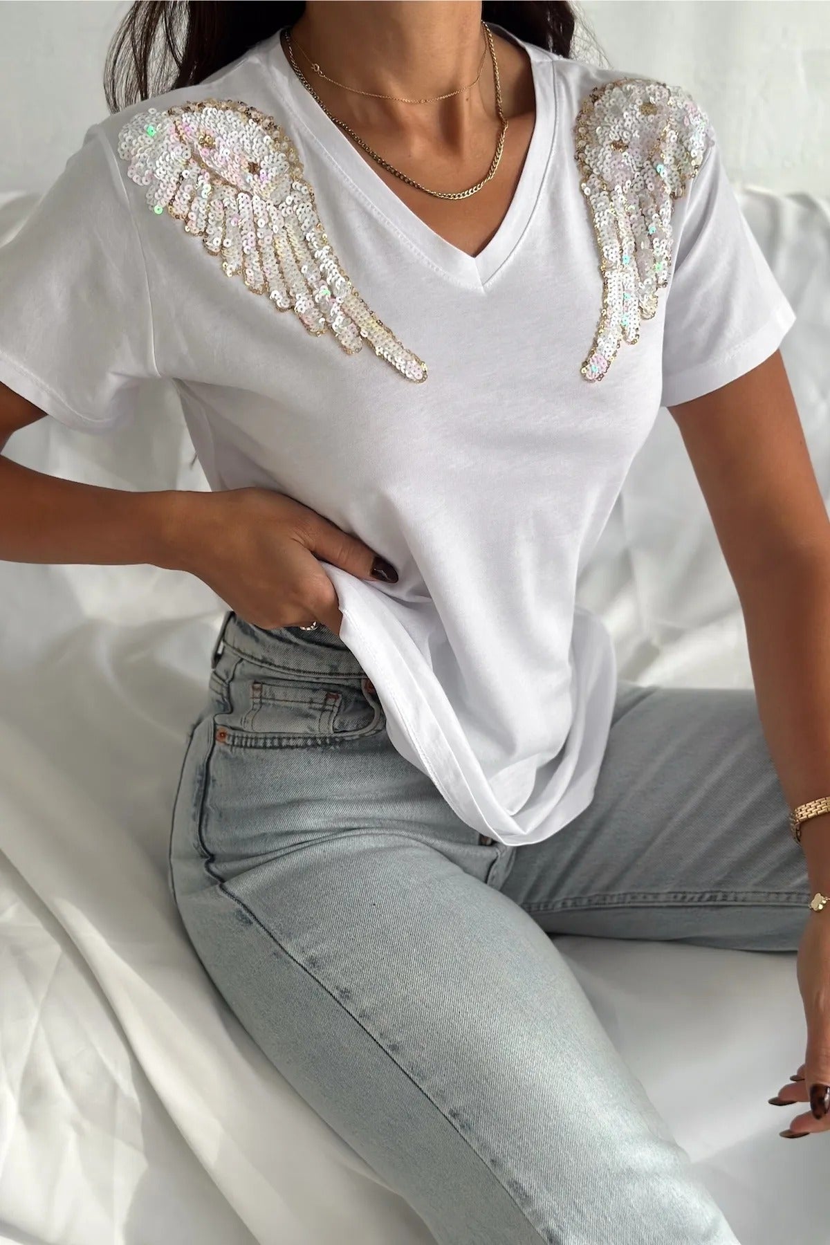 Angel Sequin katoenen T-shirt met korte mouwen - wit