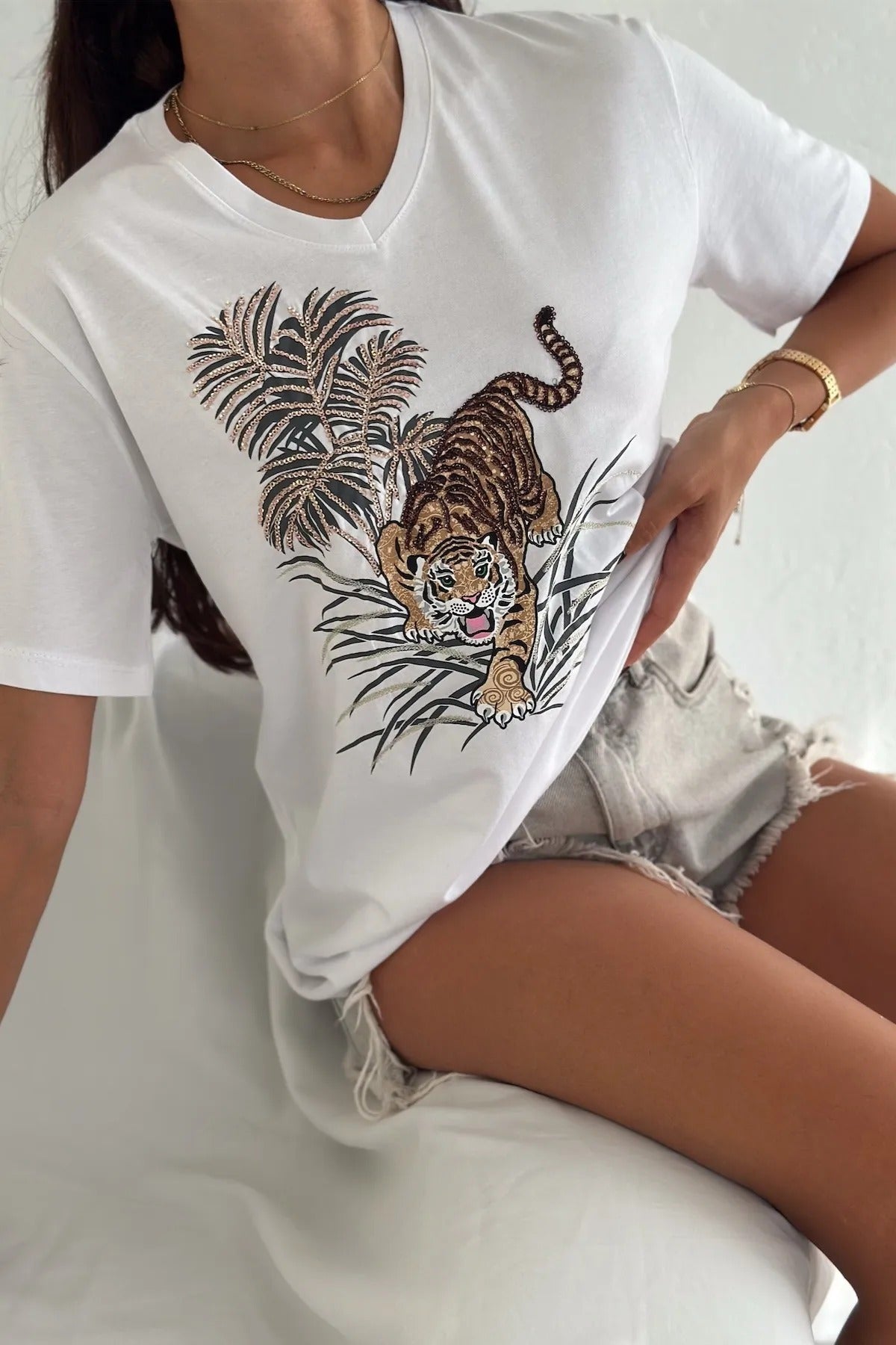 Leopard Sequin Cotton Short Sleeve T-Shirt - White