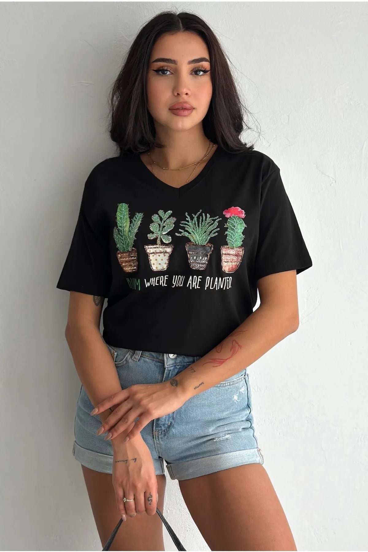 Cactus Floral Sequin Katoenen T-shirt - Zwart