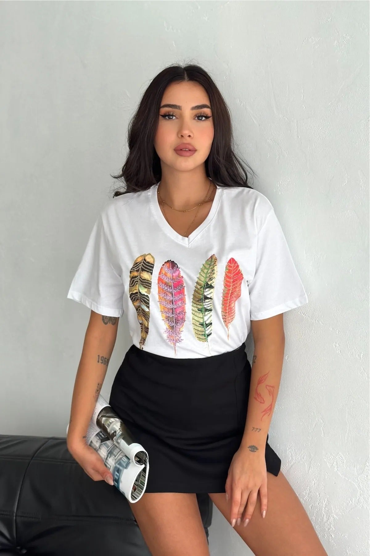 T-shirt met korte mouwen en pailletten van katoen - wit