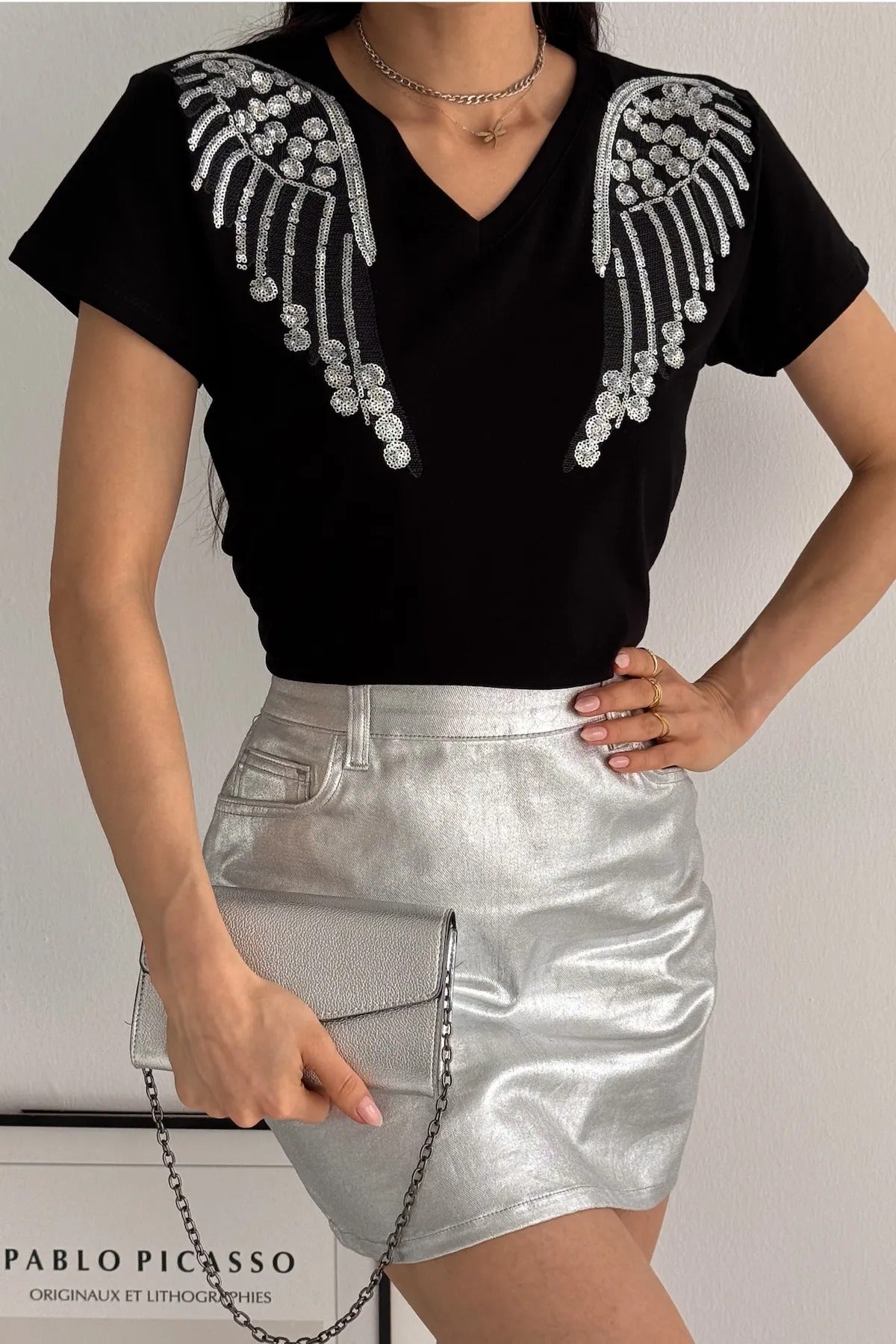 Angel Sequin katoenen T-shirt met korte mouwen - zwart