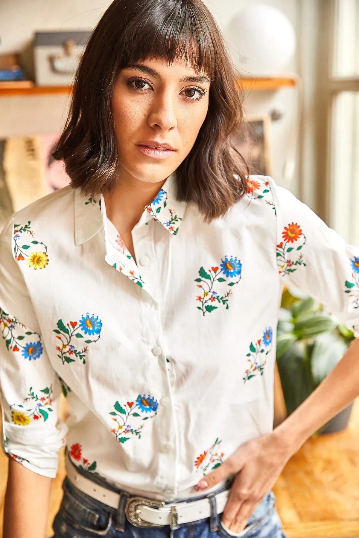White Floral Designer Button Down Shirt