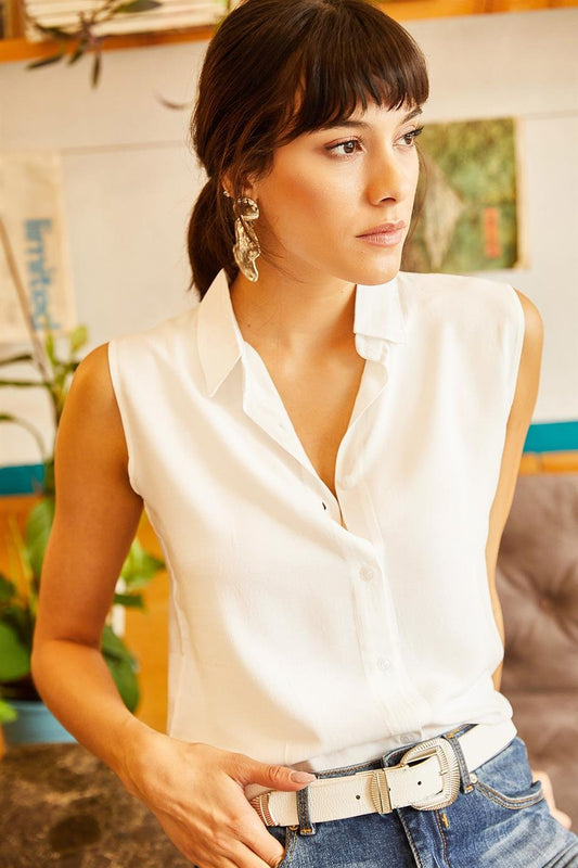 Ivory Sleeveless Button Down Shirt