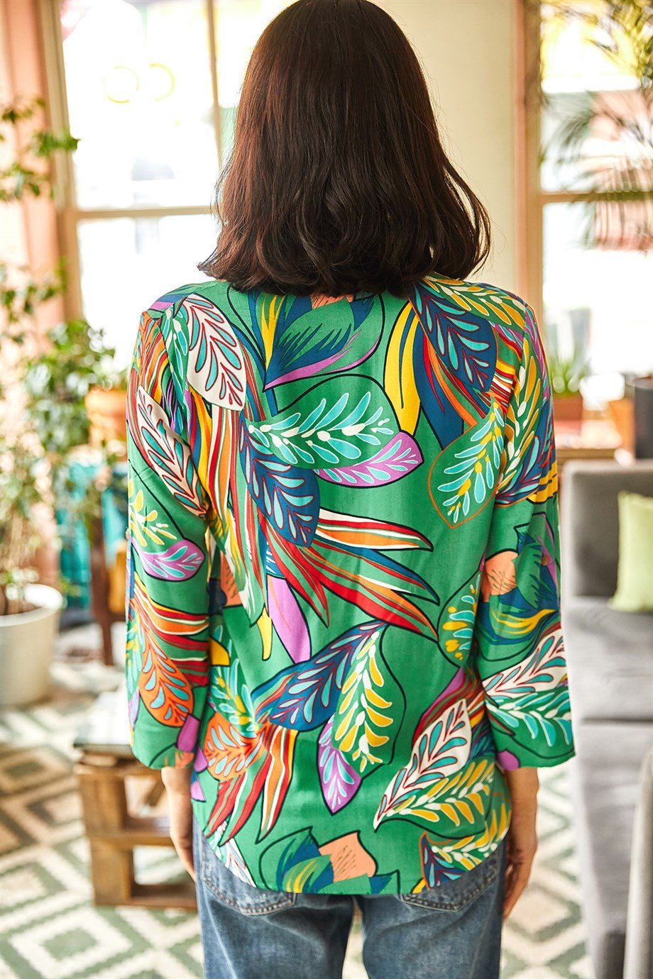 Green Floral Button Down Blouse