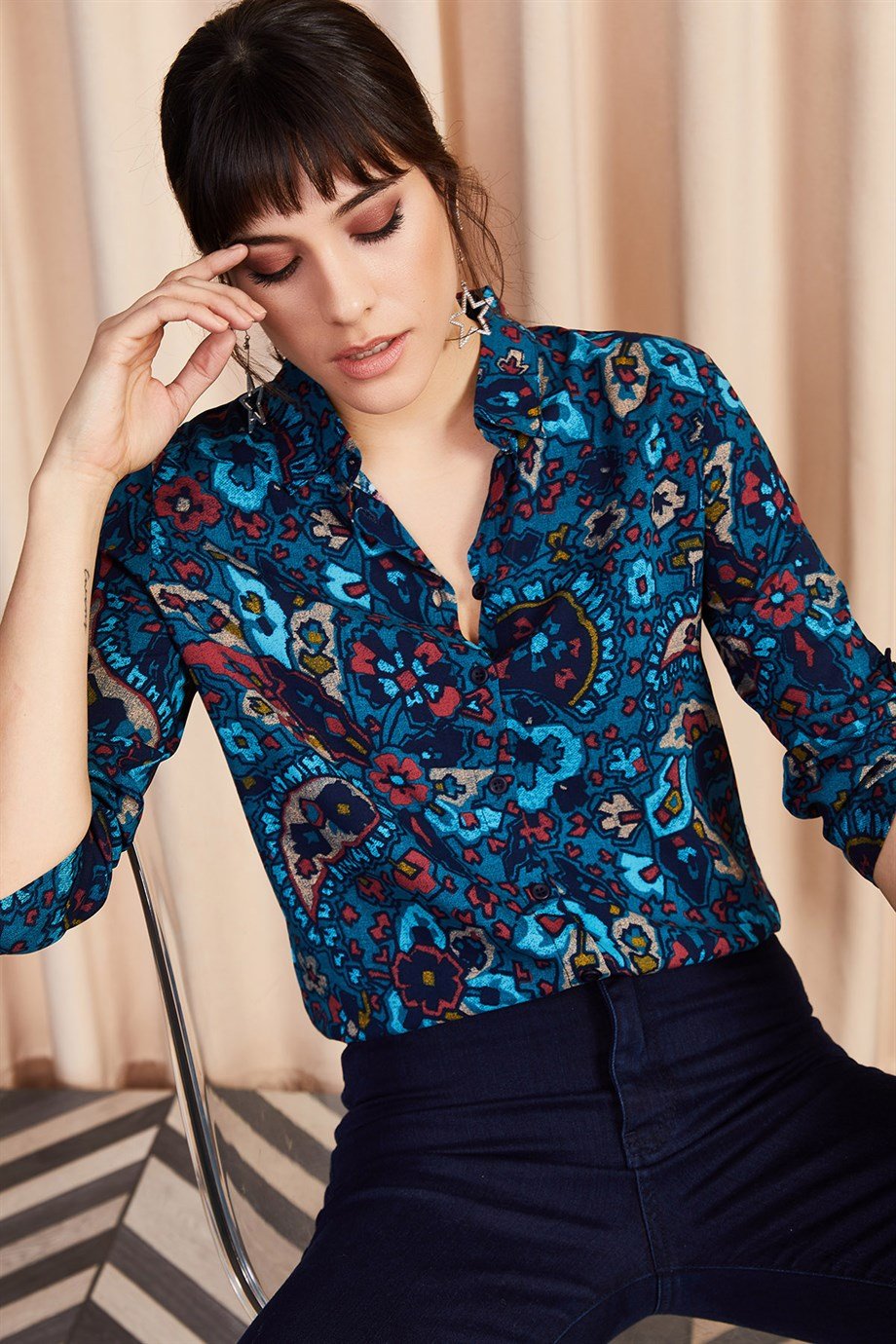 Boho Paisley Print Ethnic Blue Blouse