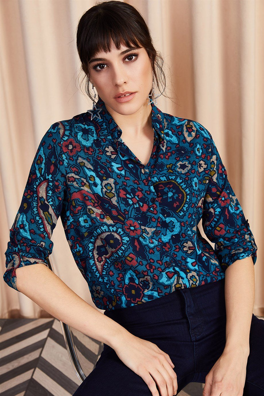 Boho Paisley Print Ethnic Blue Blouse
