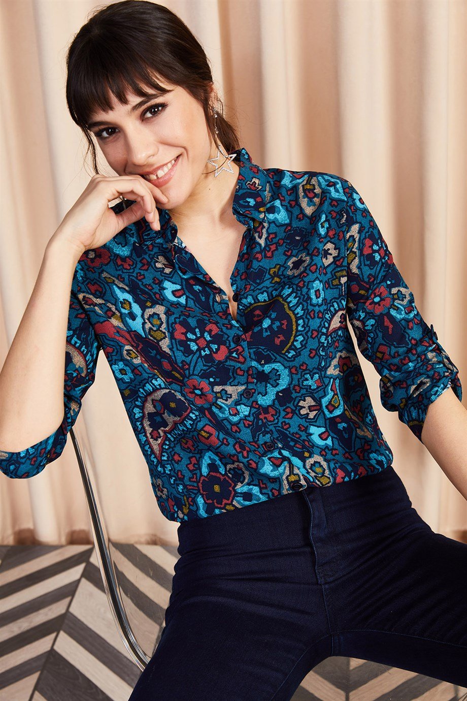 Boho Paisley Print Ethnic Blue Blouse