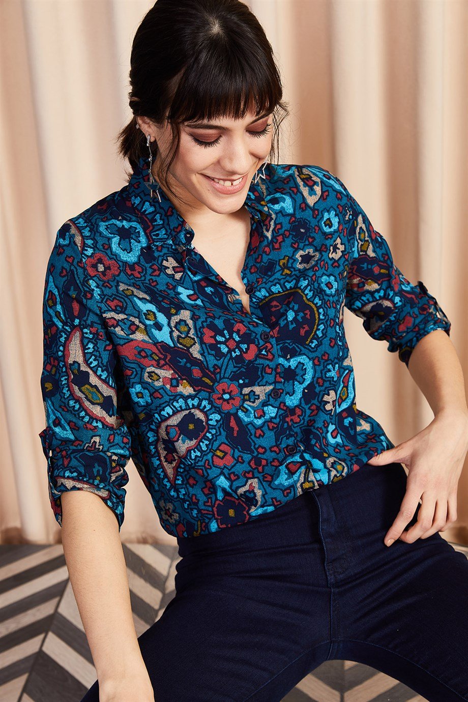 Boho Paisley Print Ethnic Blue Blouse