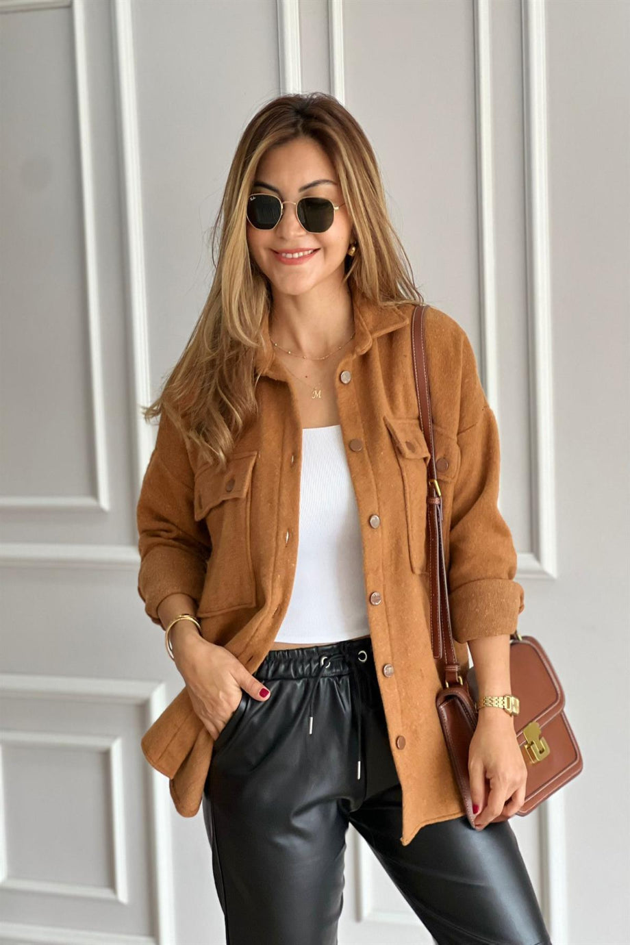 Jessy Camel Long Sleeve Blouse Shacket