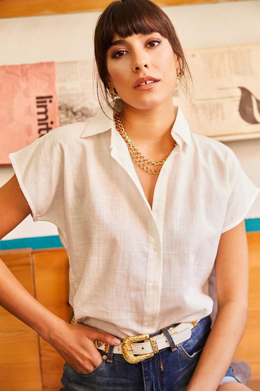 Sofia Classic Linen Blend Button Down Short Sleeve Shirt