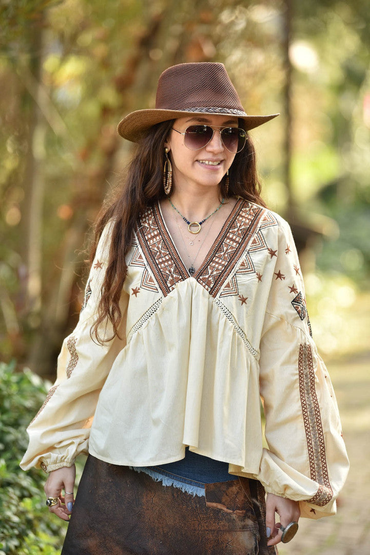 Bohemian Brown Embroidered V-Neck Top