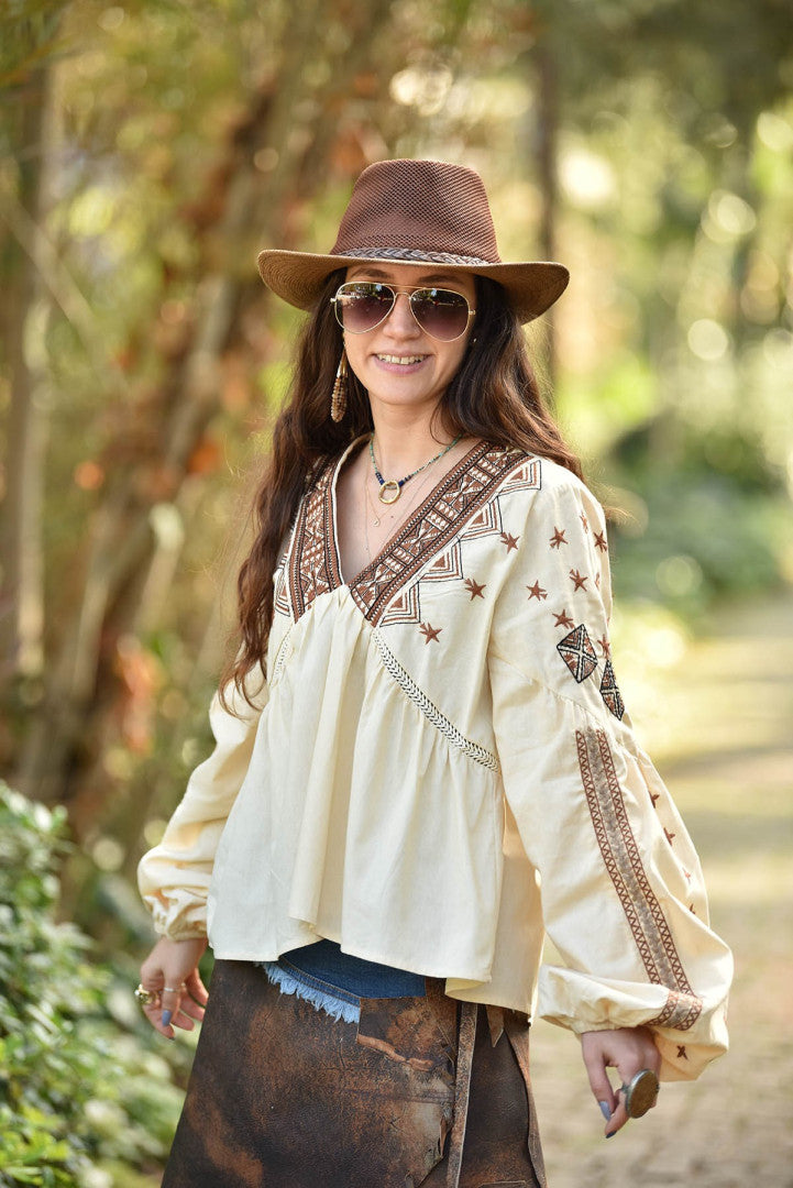 Bohemian Brown Embroidered V-Neck Top