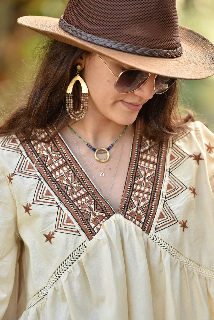 Bohemian Brown Embroidered V-Neck Top