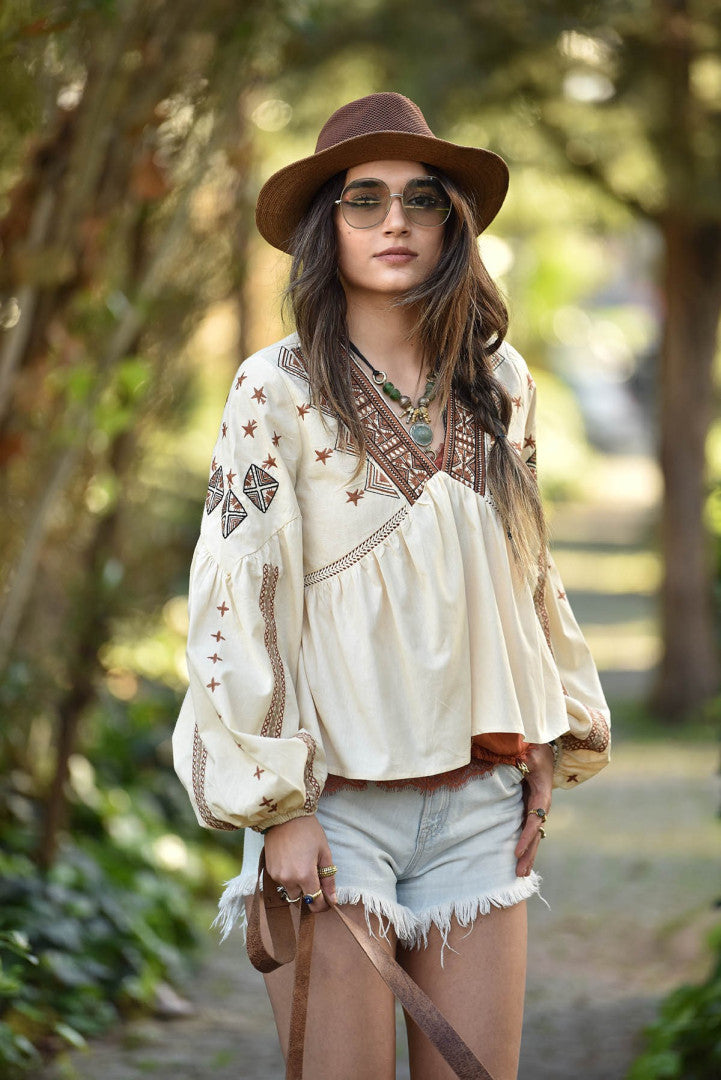 Bohemian Brown Embroidered V-Neck Top