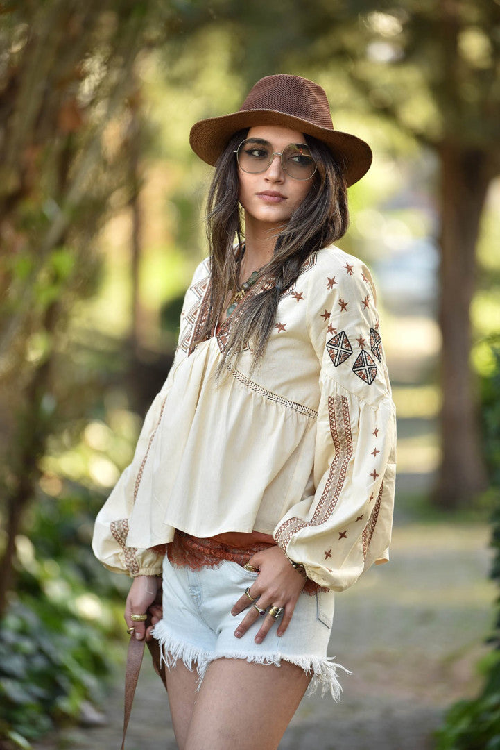 Bohemian Brown Embroidered V-Neck Top